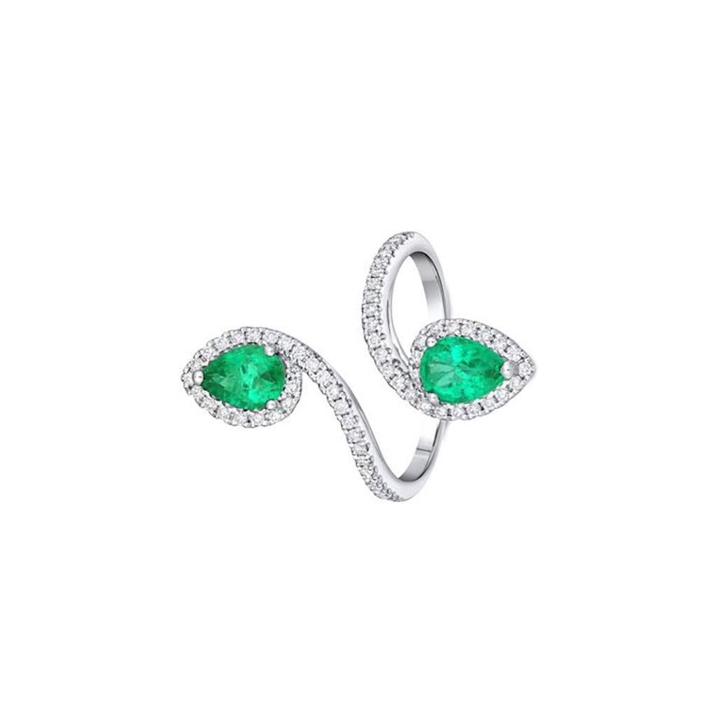 Pear Cut 18 Karat White Gold Diamond and Emerald Ring For Sale