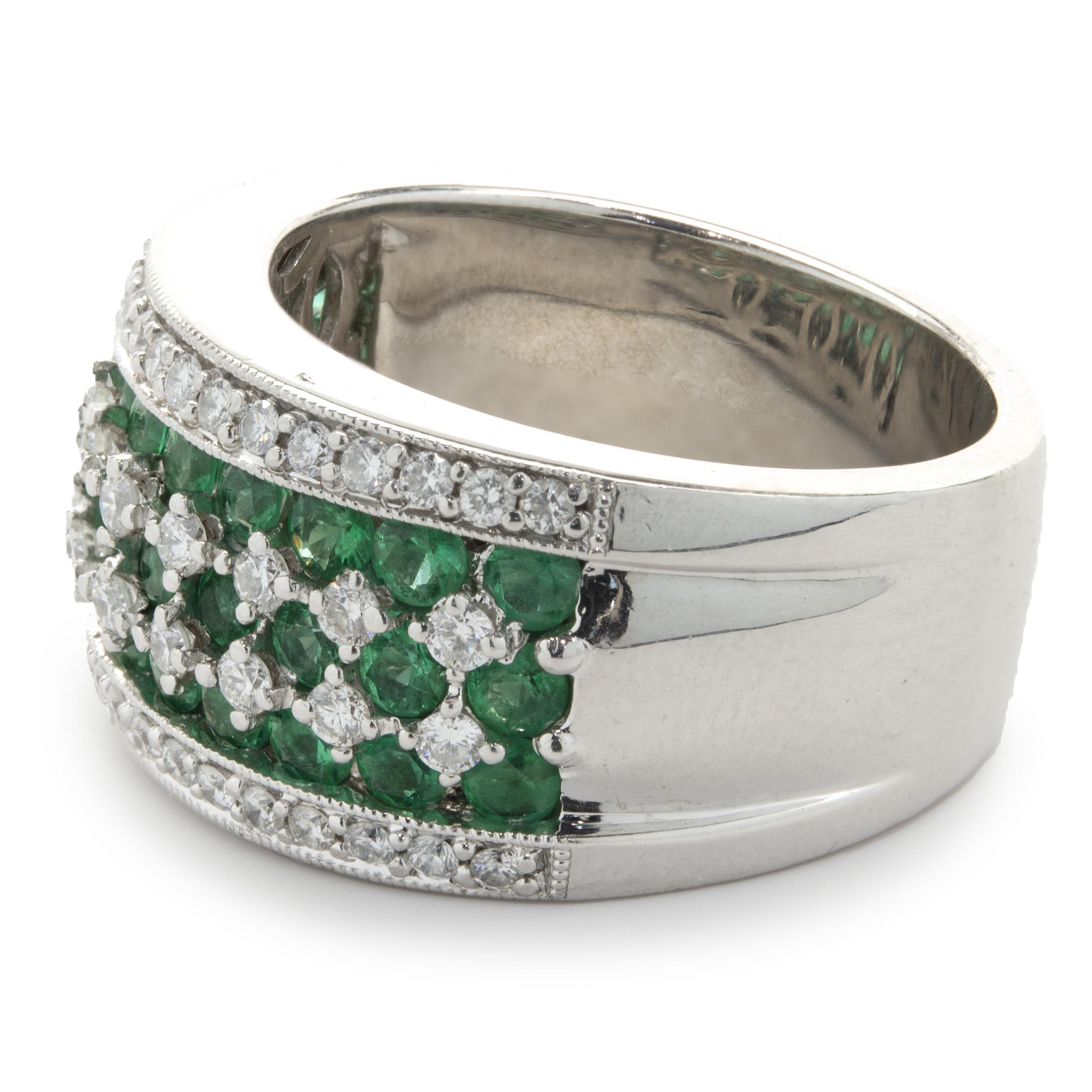 Round Cut 18 Karat White Gold Diamond and Emerald Seven Row Band For Sale