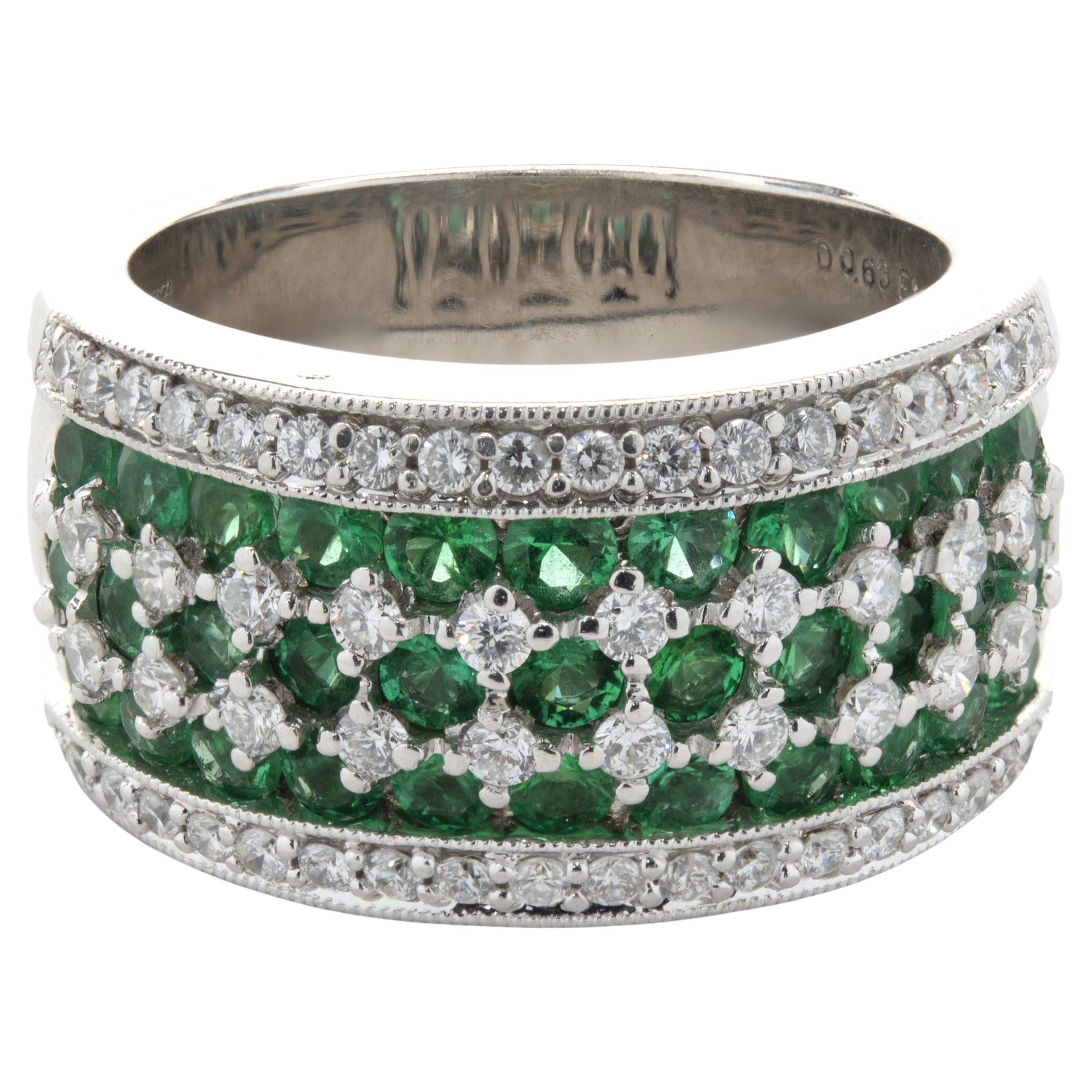 18 Karat White Gold Diamond and Emerald Seven Row Band For Sale