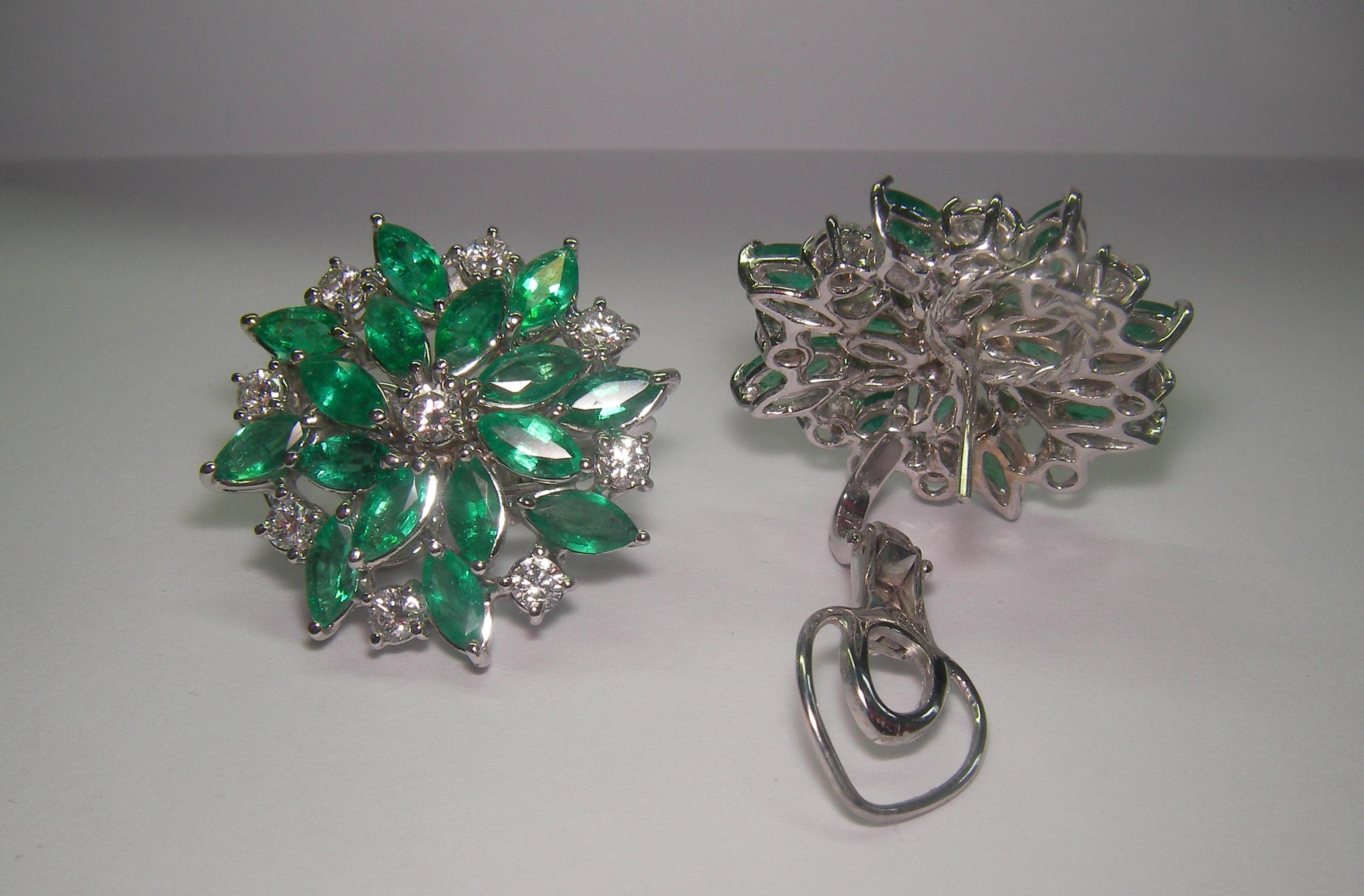 Marquise Cut 18 Karat White Gold Diamond and Emerald Stud Earrings