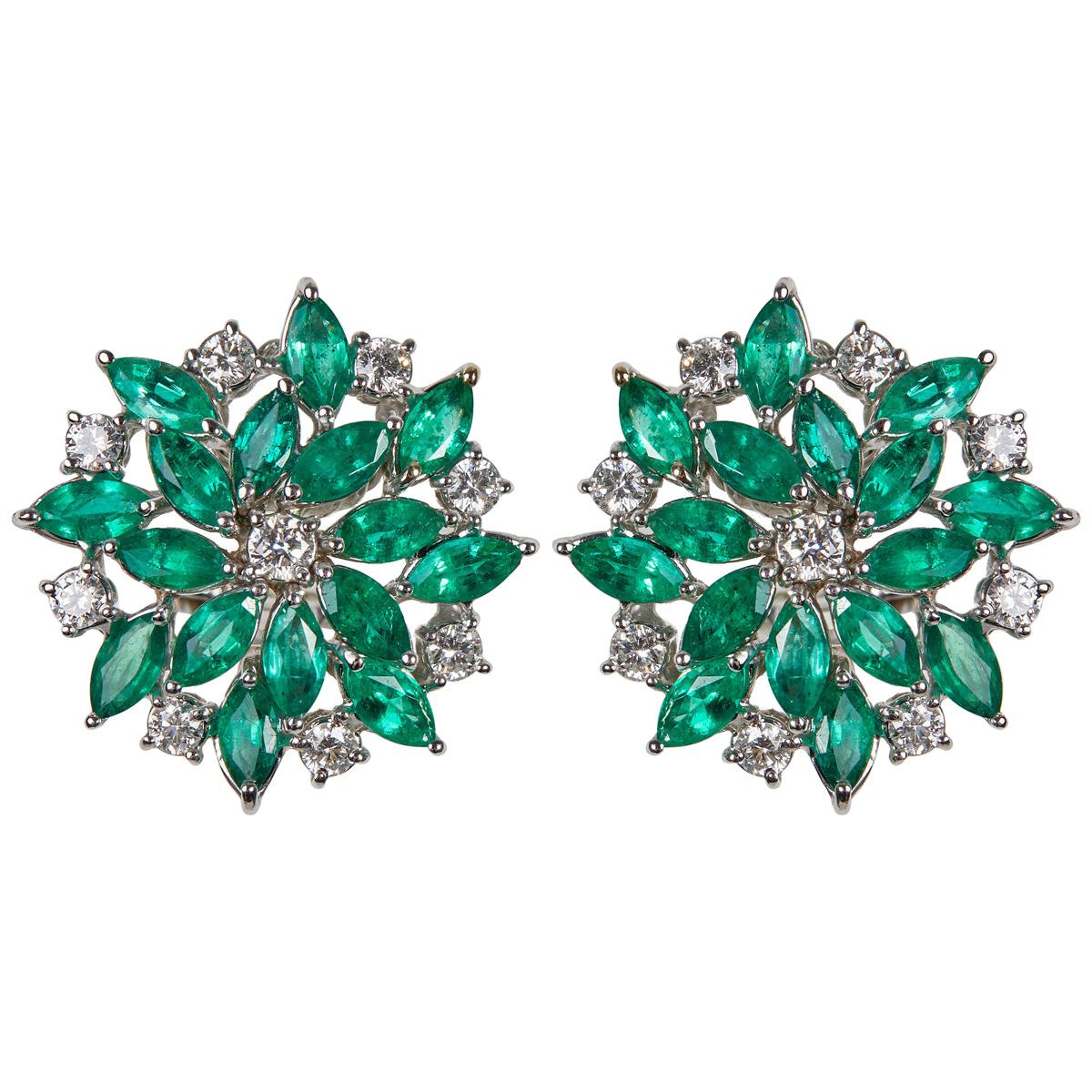 18 Karat White Gold Diamond and Emerald Stud Earrings