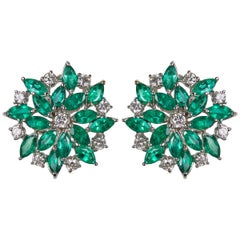 18 Karat White Gold Diamond and Emerald Stud Earrings