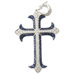 18 Karat White Gold Diamond and Genuine Sapphire Cross Pendant