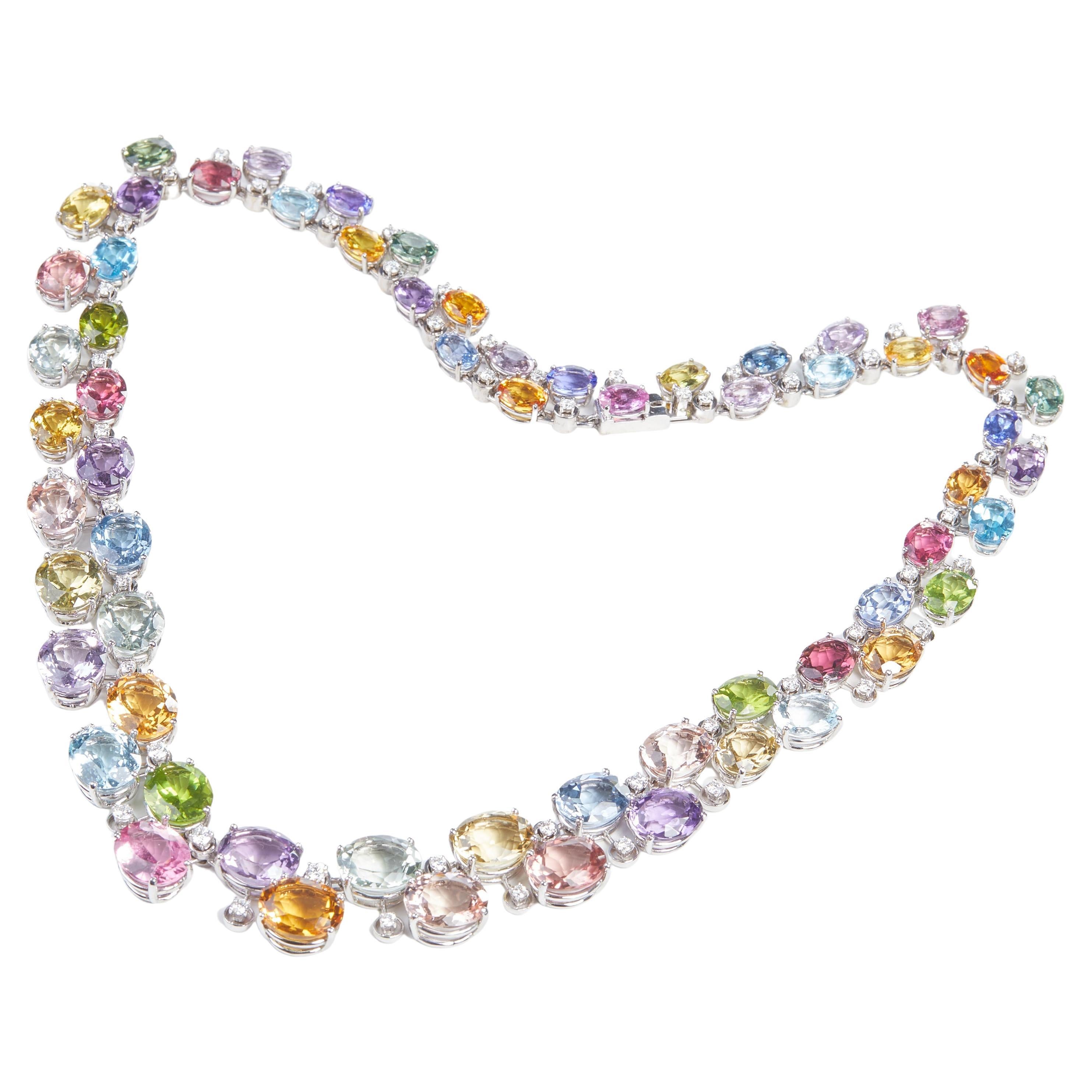 18 Karat White Gold Diamond and Multi Color Necklace