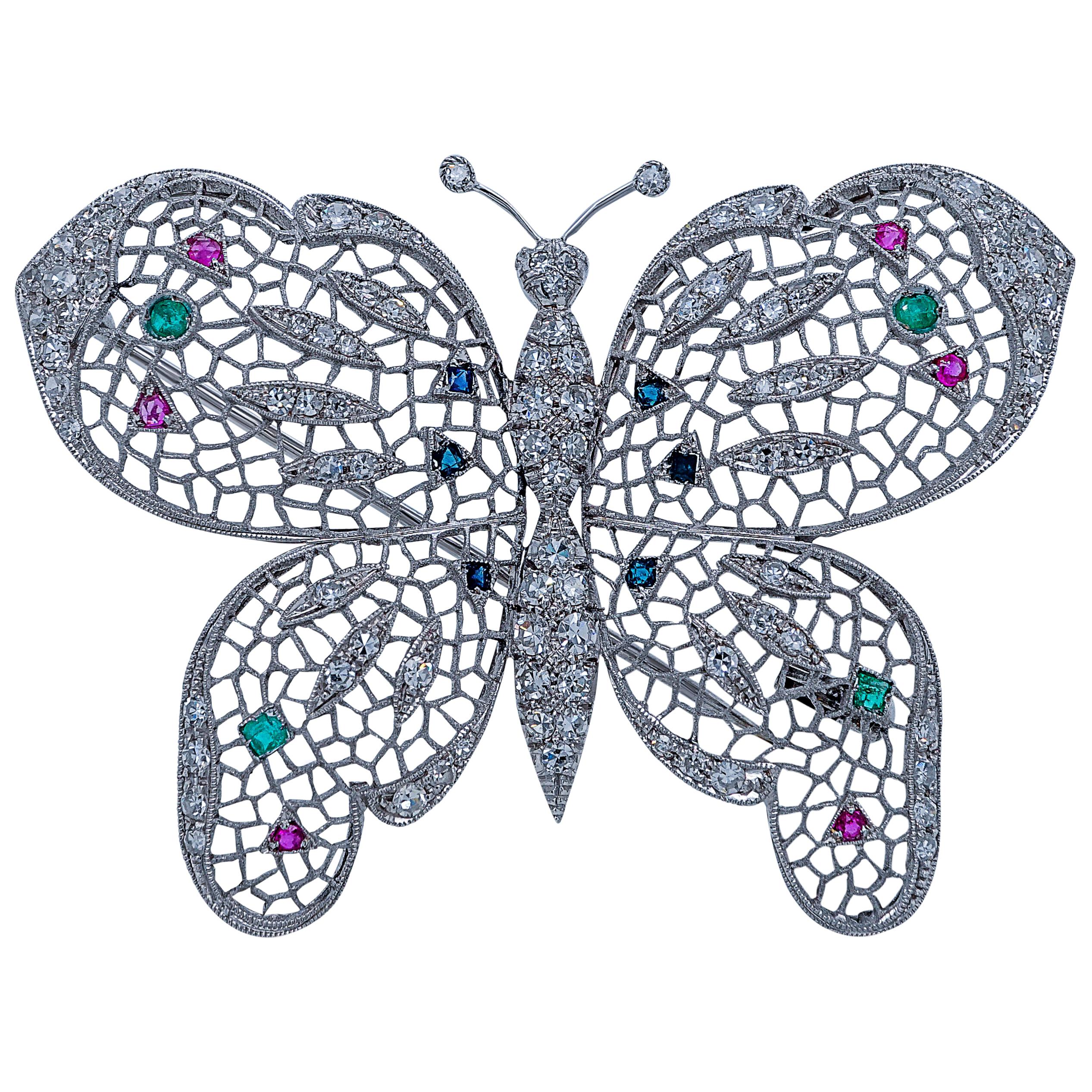 Vintage MultiGem Butterfly Brooch, circa 1930s For Sale at 1stDibs