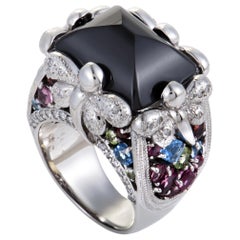 18 Karat White Gold Diamond and Multi-Gemstone Onyx Ring