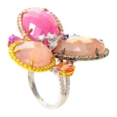 18 Karat White Gold Diamond and Multicolored Sapphire Flower Ring CRR9759