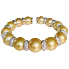 18 Karat White Gold Diamond and Natural Color Golden Pearls Bangle Bracelet