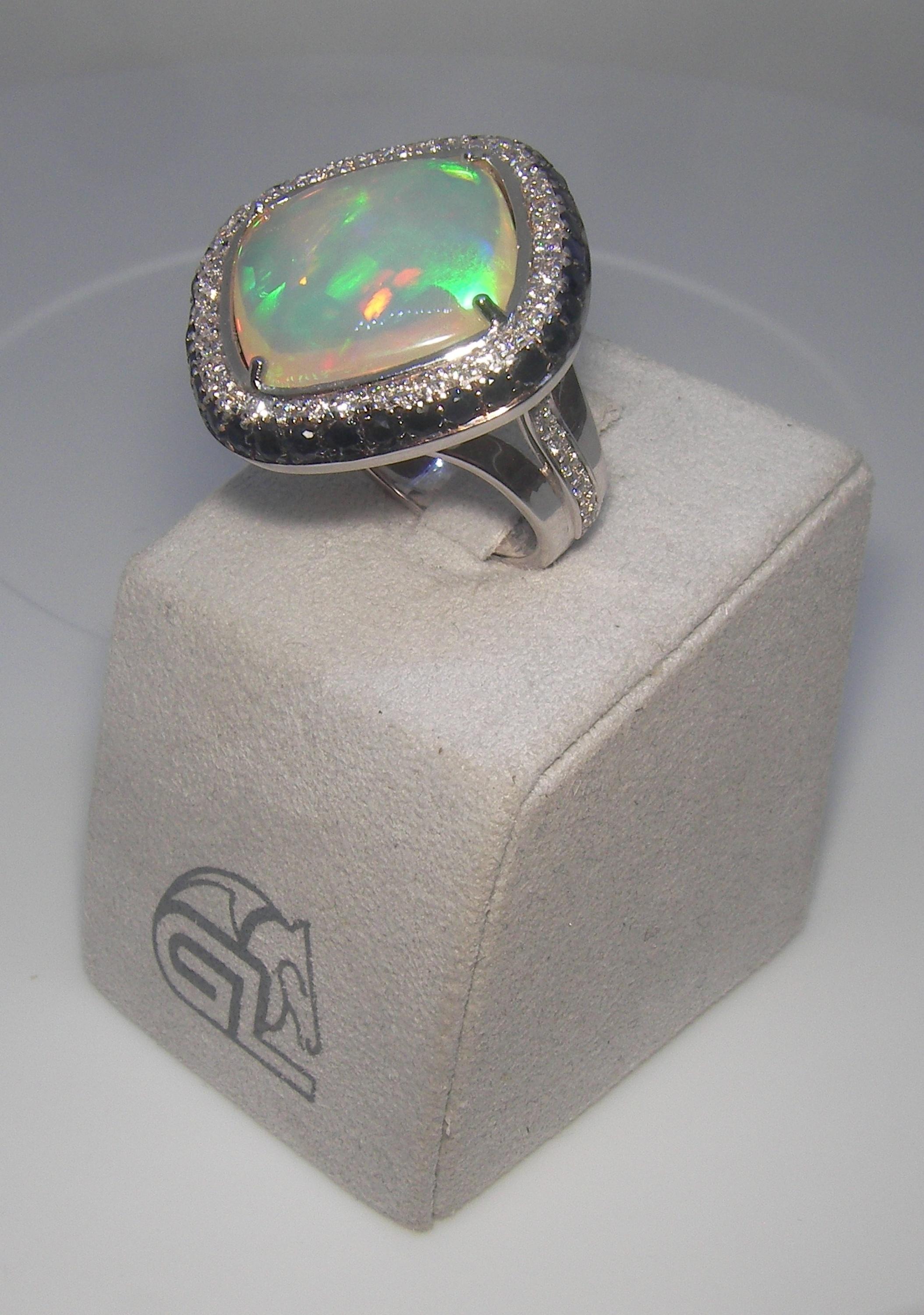 Mixed Cut 18 Karat White Gold Diamond and Opal Cocktail Ring For Sale