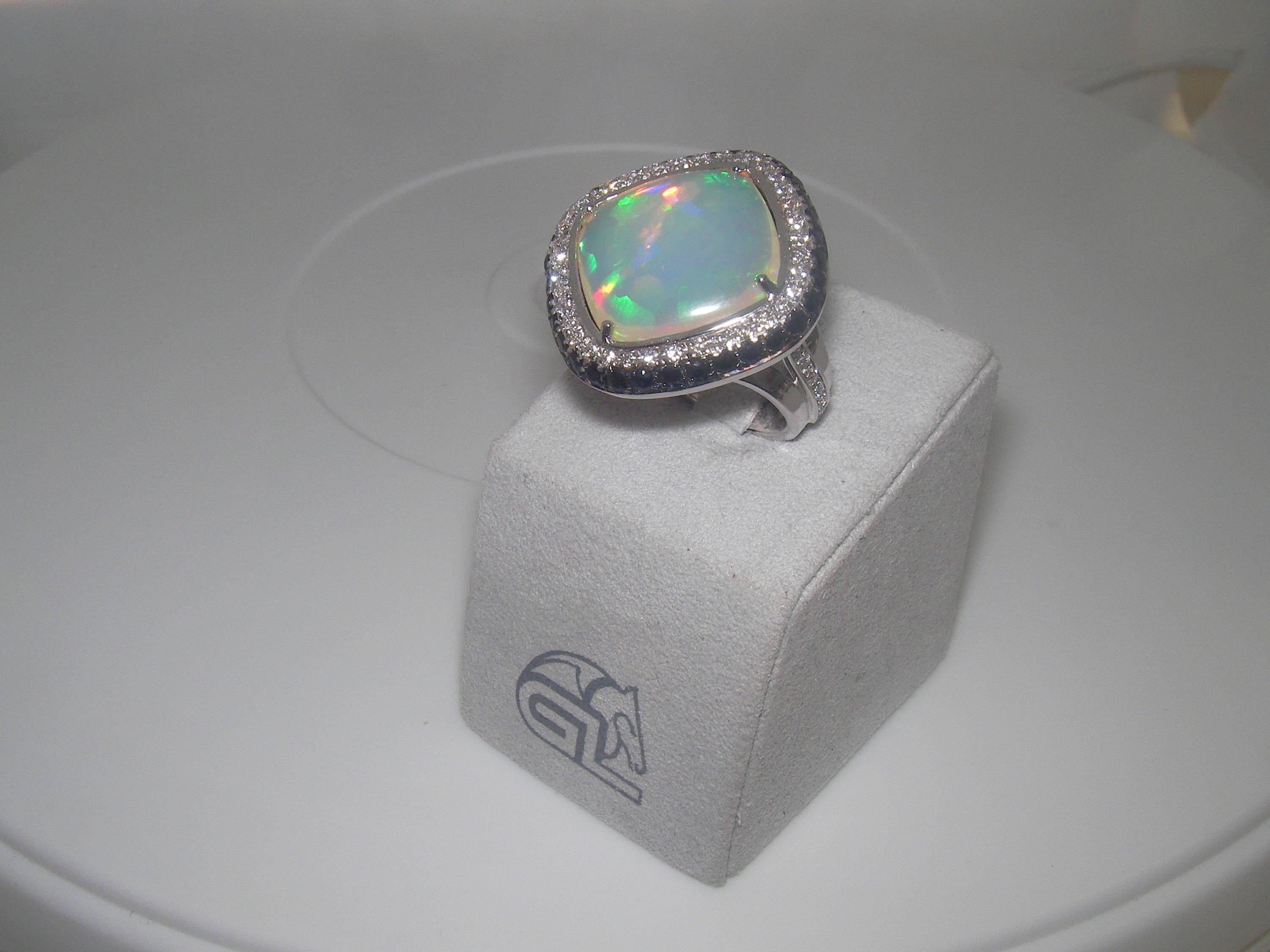 Women's or Men's 18 Karat White Gold Diamond and Opal Cocktail Ring For Sale