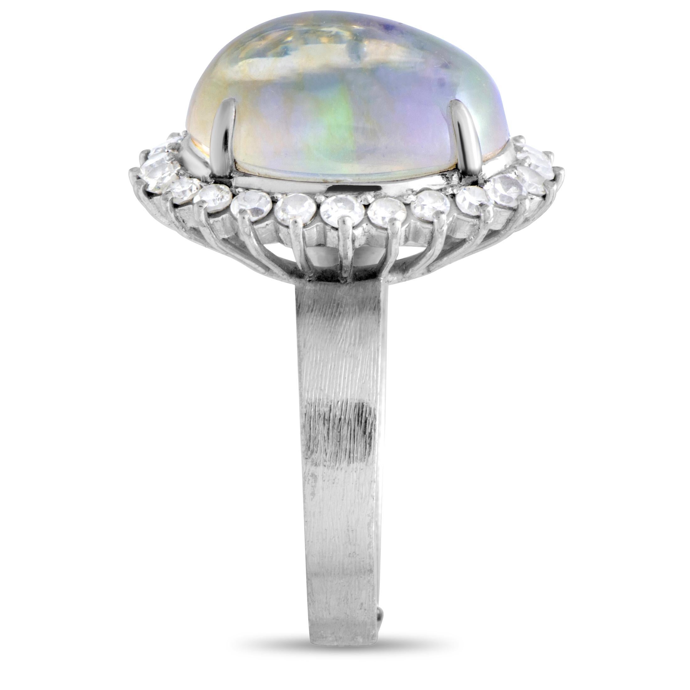 Round Cut 18 Karat White Gold Diamond and Opal Ring