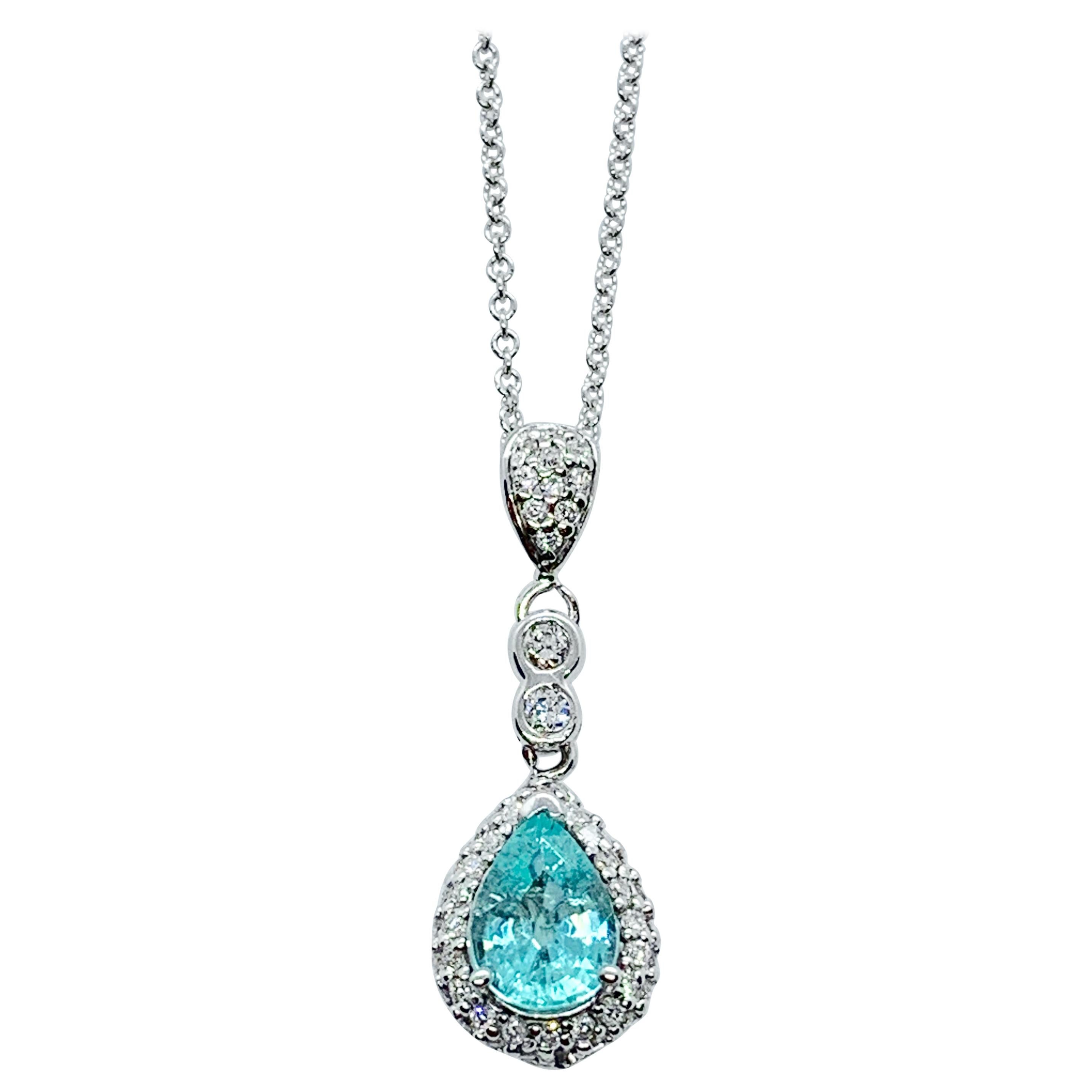 18 Karat White Gold, Diamond and Paraiba Tourmaline Pendant on White Gold Chain