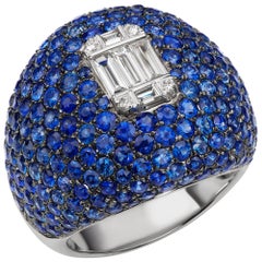 18 Karat White Gold Diamond and Pave Blue Sapphire Dome Ring