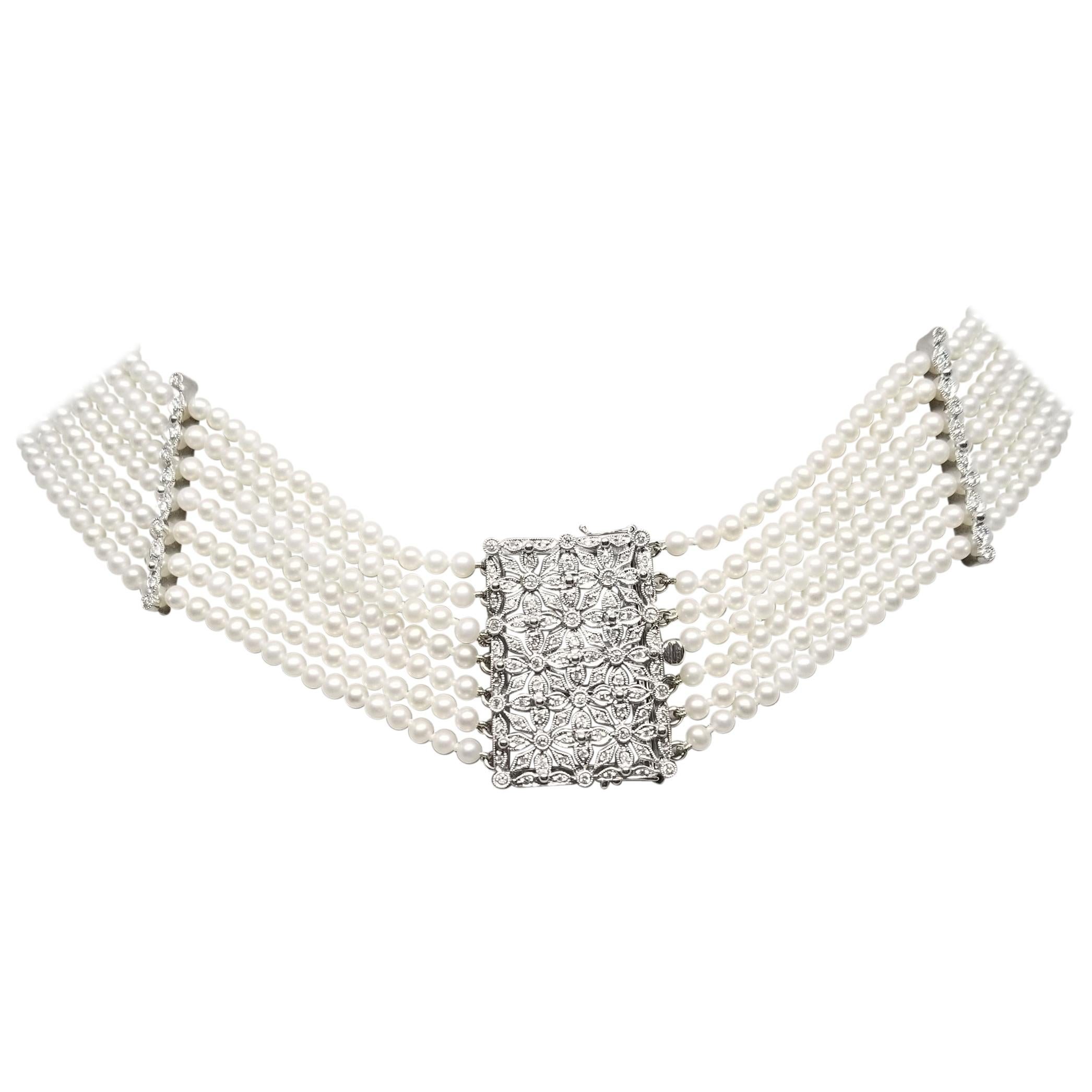 18 Karat White Gold Diamond and Pearl Collar Pendant