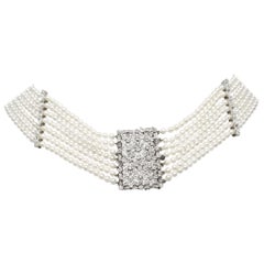 18 Karat White Gold Diamond and Pearl Collar Pendant