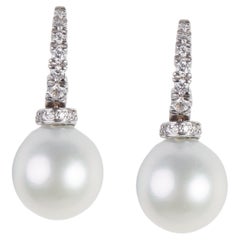 18 Karat White Gold Diamond and Pearl Dangle Earrings