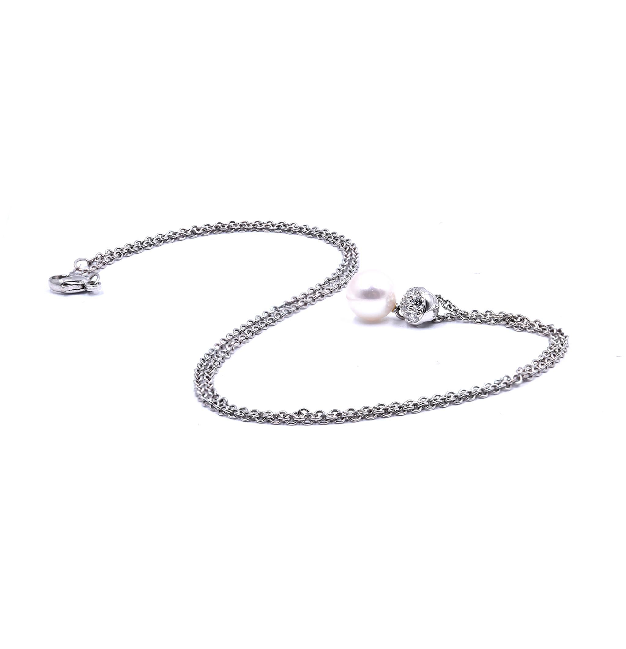Round Cut 18 Karat White Gold Diamond and Pearl Drop Necklace For Sale