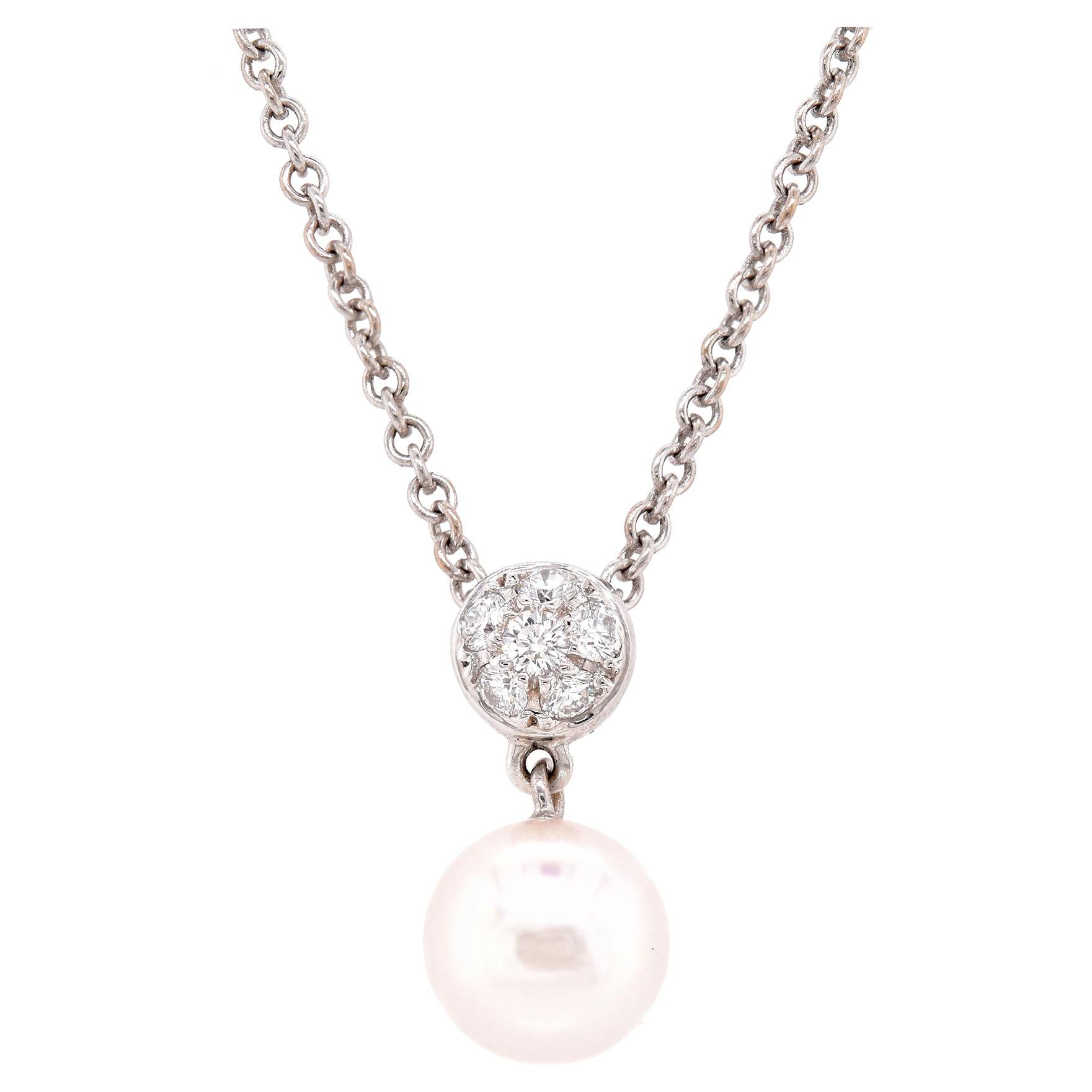 18 Karat White Gold Diamond and Pearl Drop Necklace