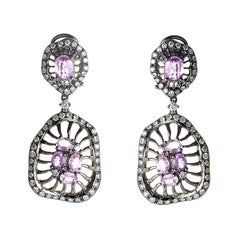 18 Karat White Gold Diamond and Pink Sapphire Drop Earrings