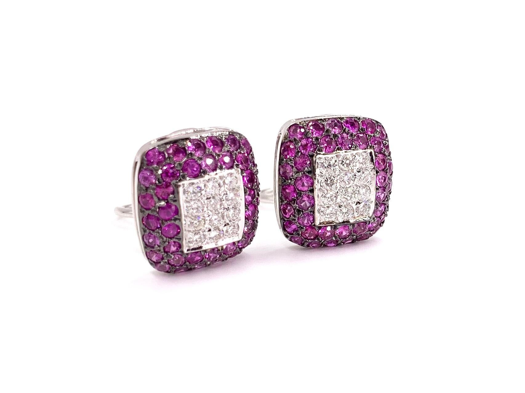 Perfect every day earrings with generous sparkle and a pop of color. These 18 karat white gold button cushion shaped earrings feature expertly pavé set round brilliant white diamonds and pink sapphires. Diamond total weight is .60 carats at