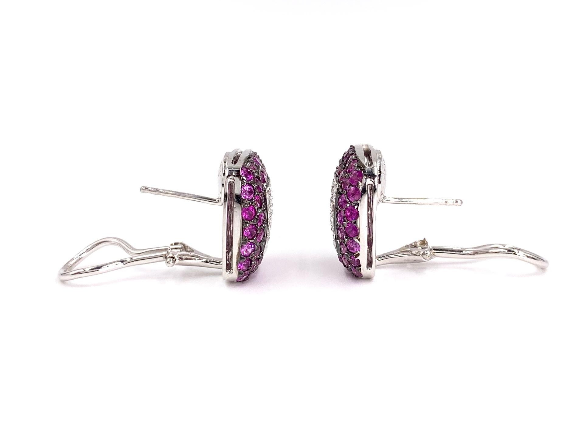 Contemporary 18 Karat White Gold Diamond and Pink Sapphire Earrings For Sale
