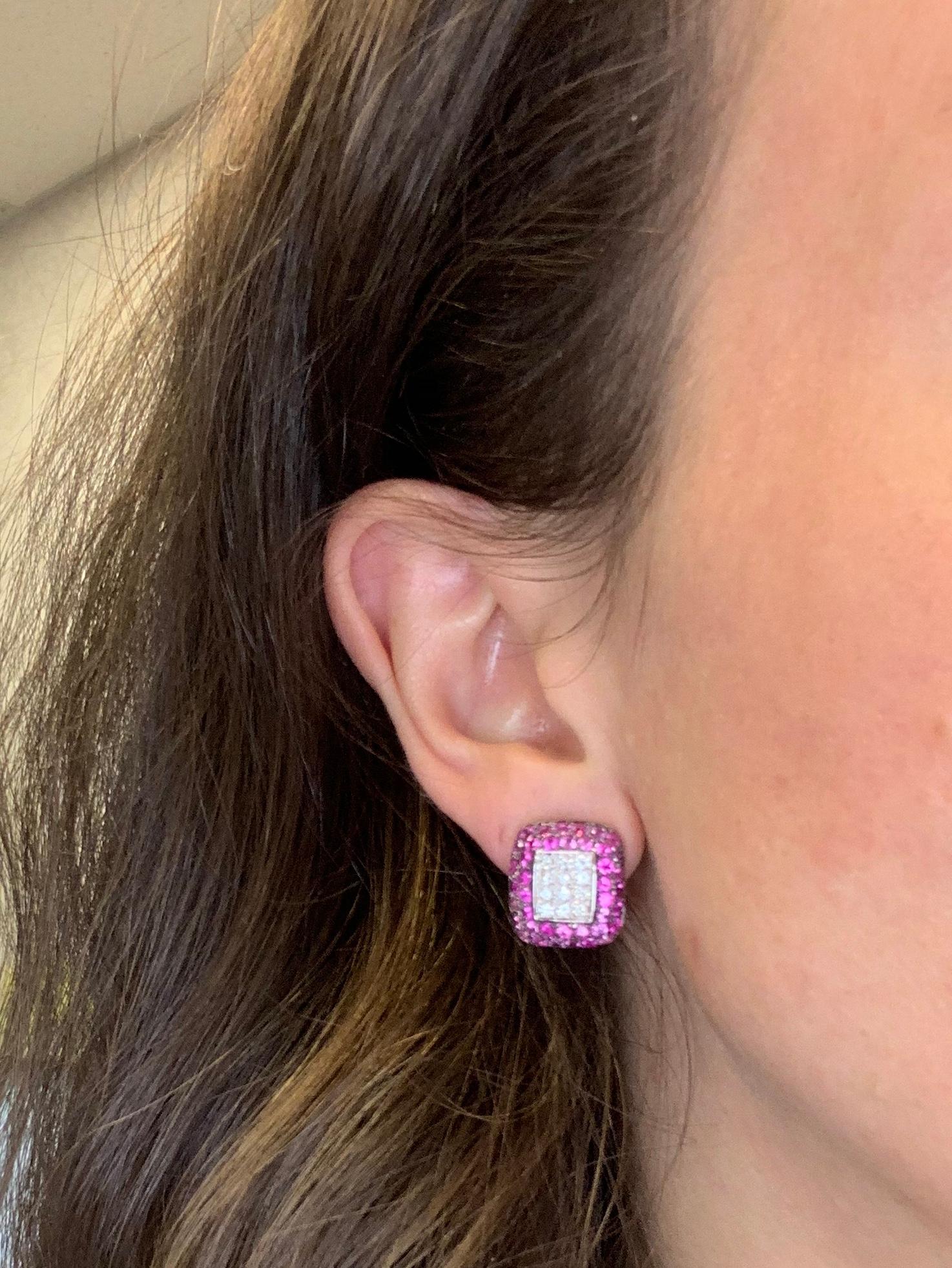 Round Cut 18 Karat White Gold Diamond and Pink Sapphire Earrings For Sale