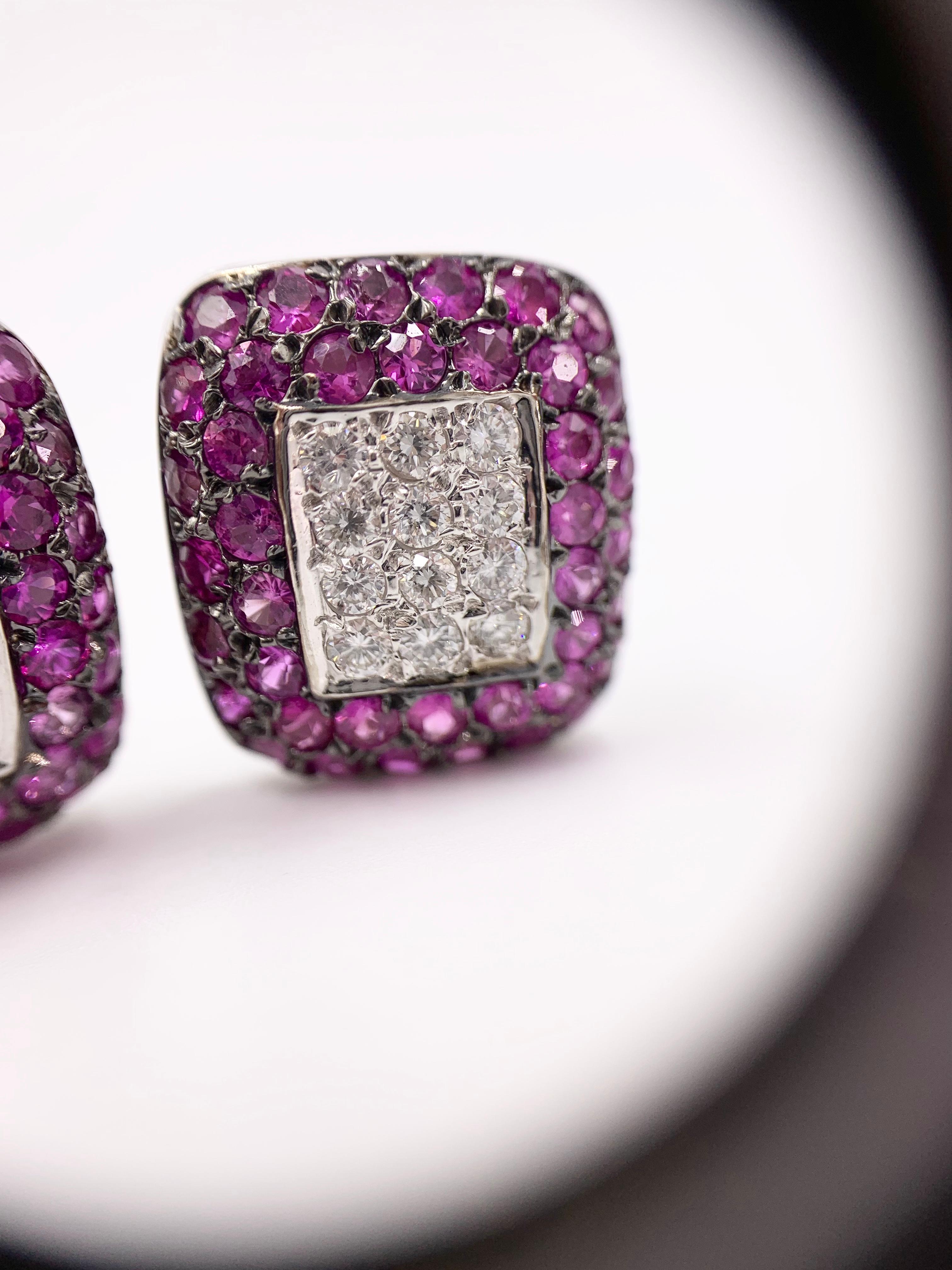 18 Karat White Gold Diamond and Pink Sapphire Earrings In Excellent Condition For Sale In Pikesville, MD