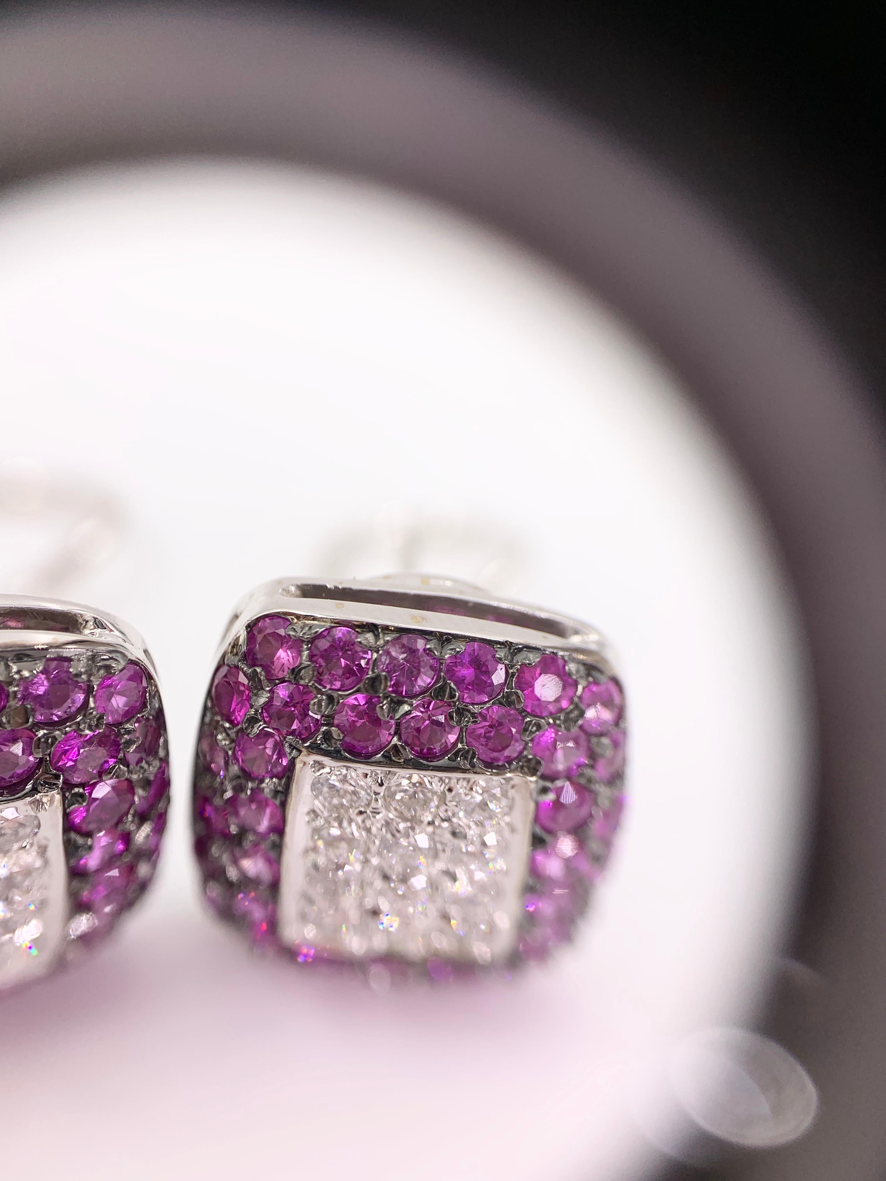 18 Karat White Gold Diamond and Pink Sapphire Earrings For Sale 1