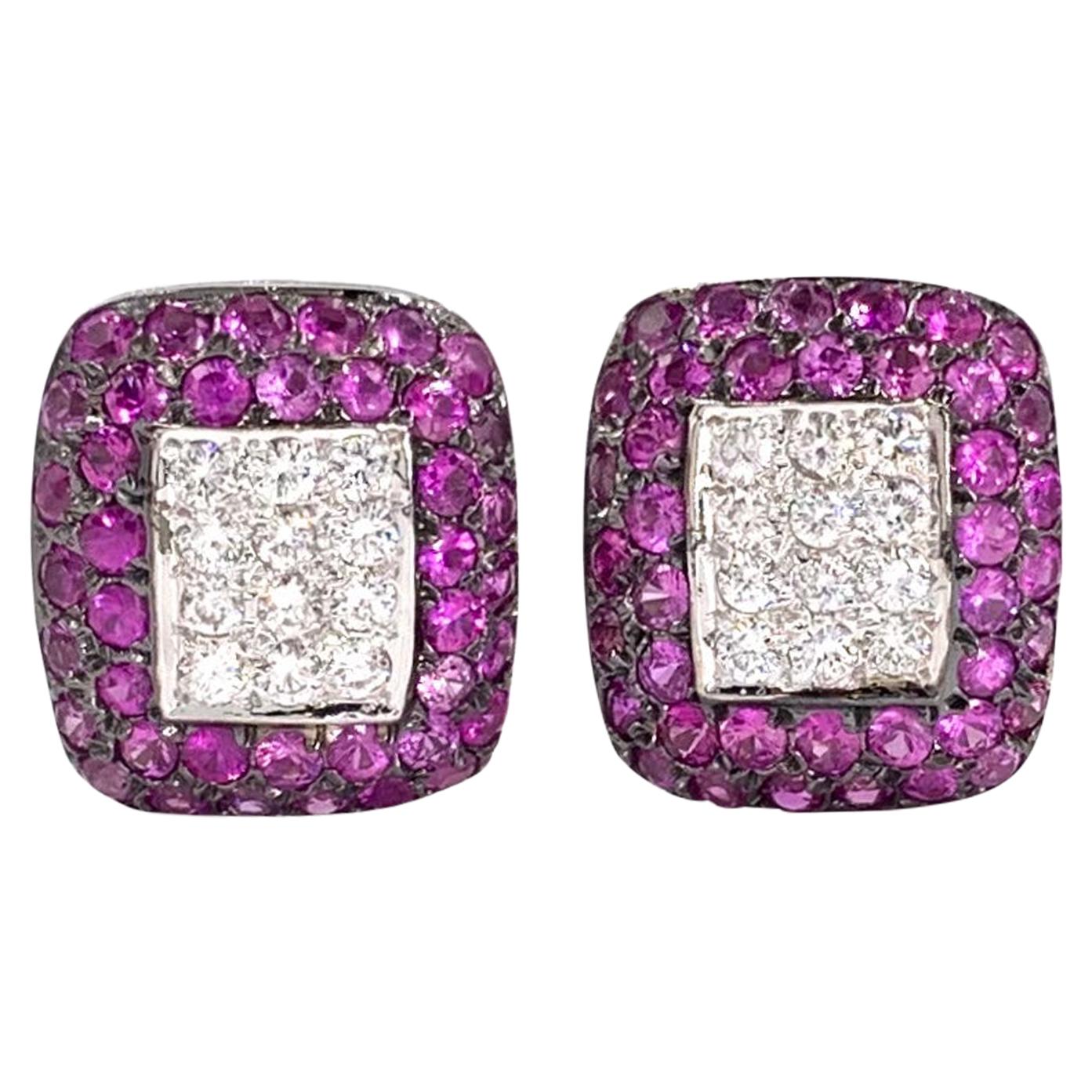 18 Karat White Gold Diamond and Pink Sapphire Earrings For Sale