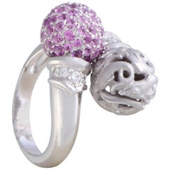 18 Karat White Gold Diamond and Pink Sapphire Pave Dolphin Ring