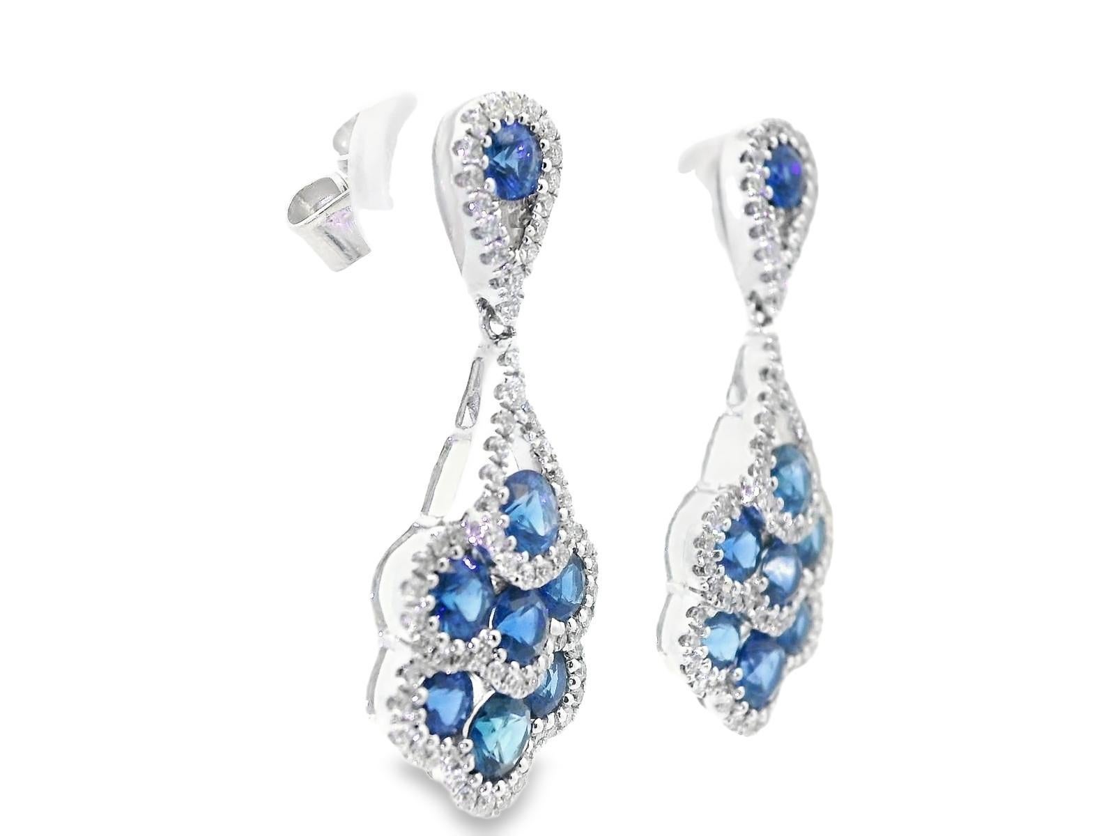 Round Cut 18 Karat White Gold Diamond and Royal Blue Sapphire Dangle Earrings For Sale