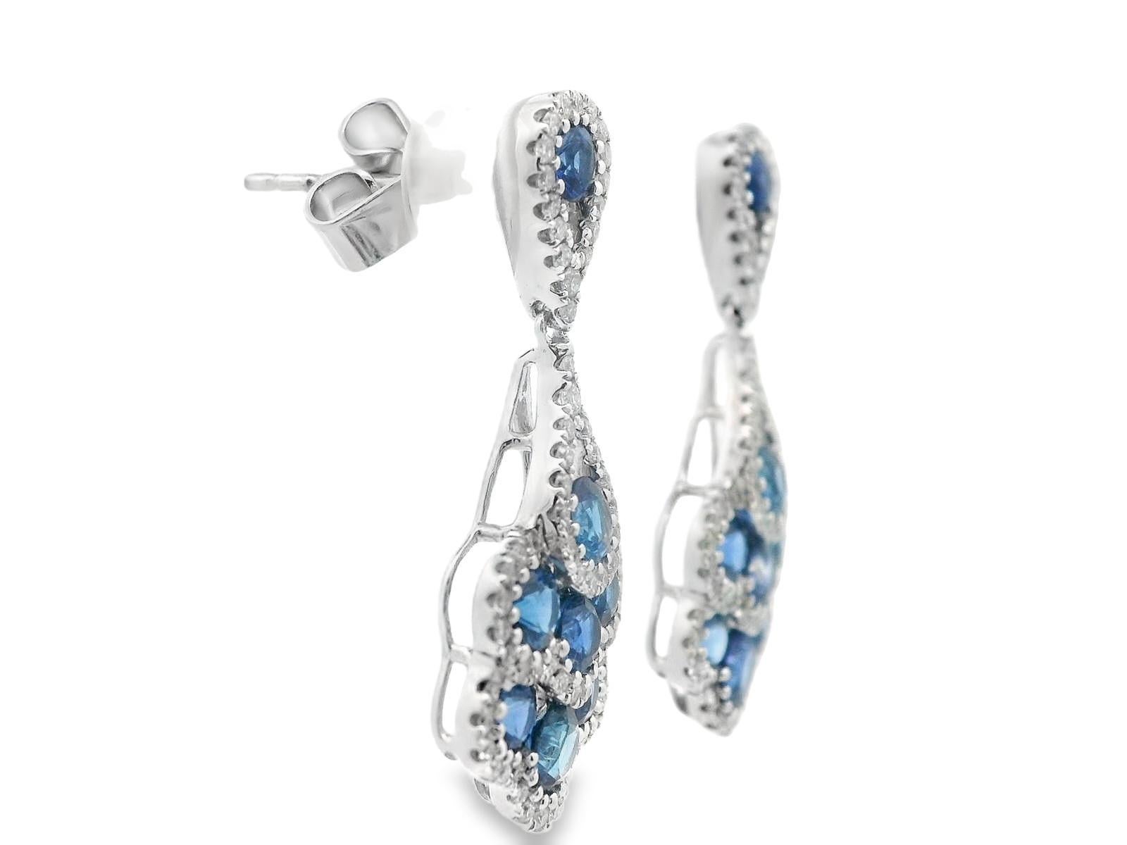 18 Karat White Gold Diamond and Royal Blue Sapphire Dangle Earrings In Good Condition For Sale In Lexington, KY