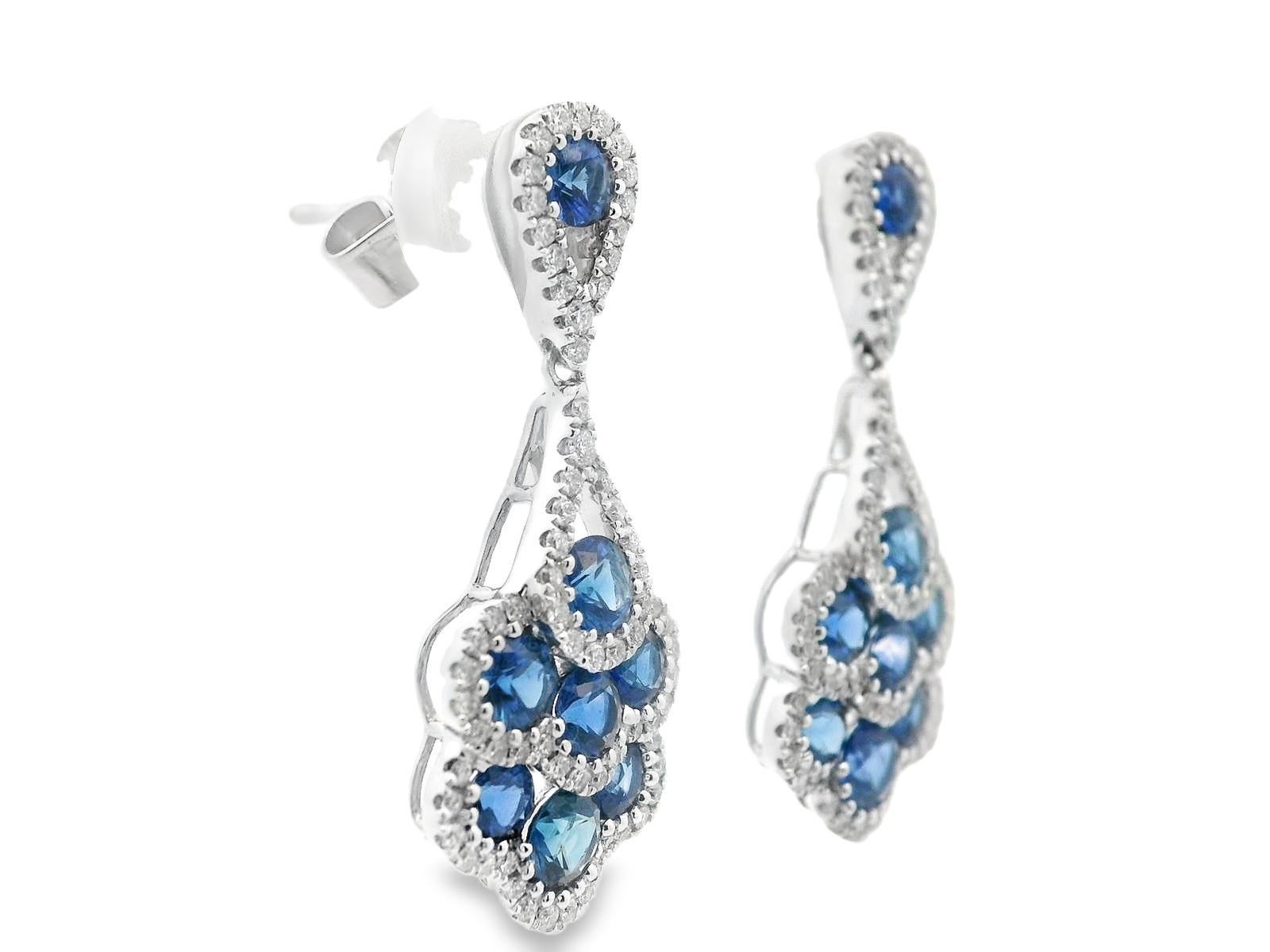 Women's 18 Karat White Gold Diamond and Royal Blue Sapphire Dangle Earrings For Sale