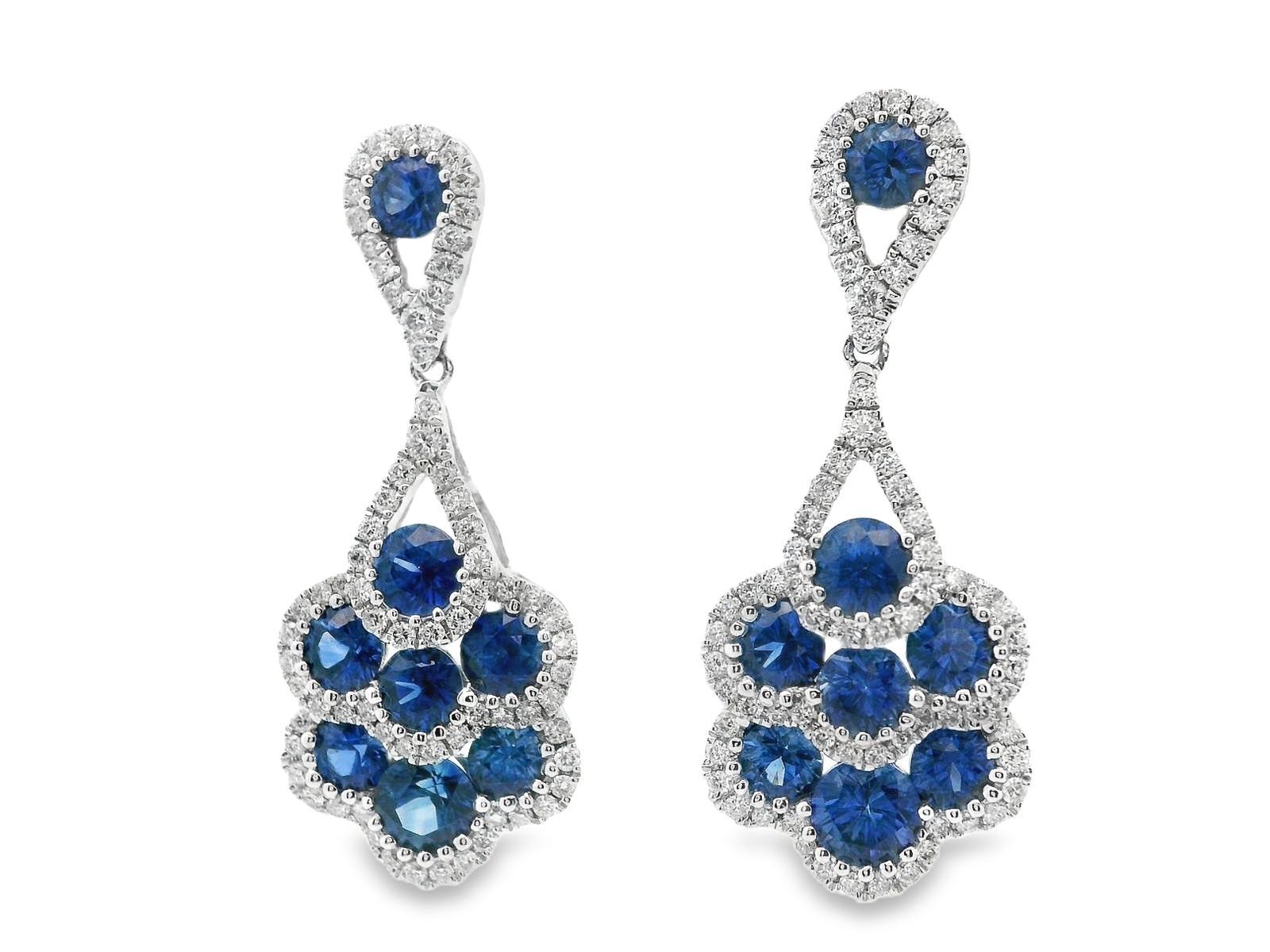 18 Karat White Gold Diamond and Royal Blue Sapphire Dangle Earrings For Sale 2