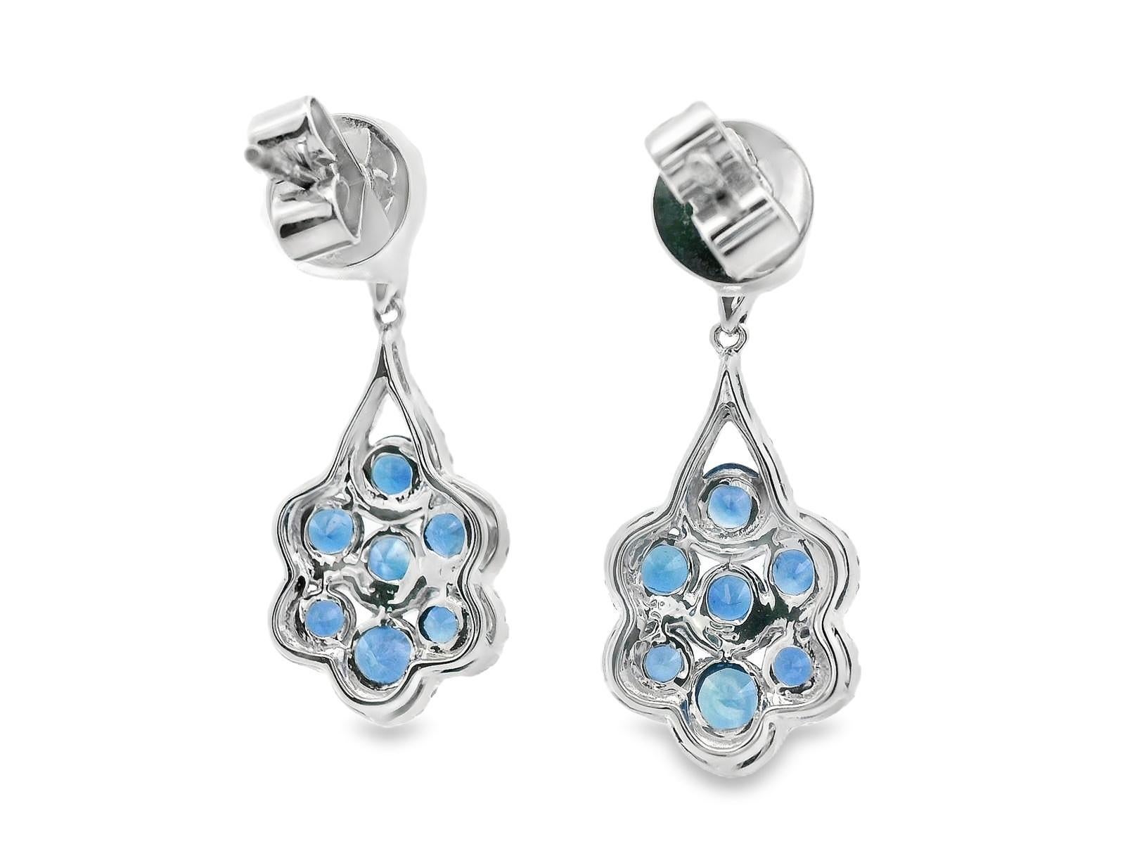 18 Karat White Gold Diamond and Royal Blue Sapphire Dangle Earrings For Sale 3