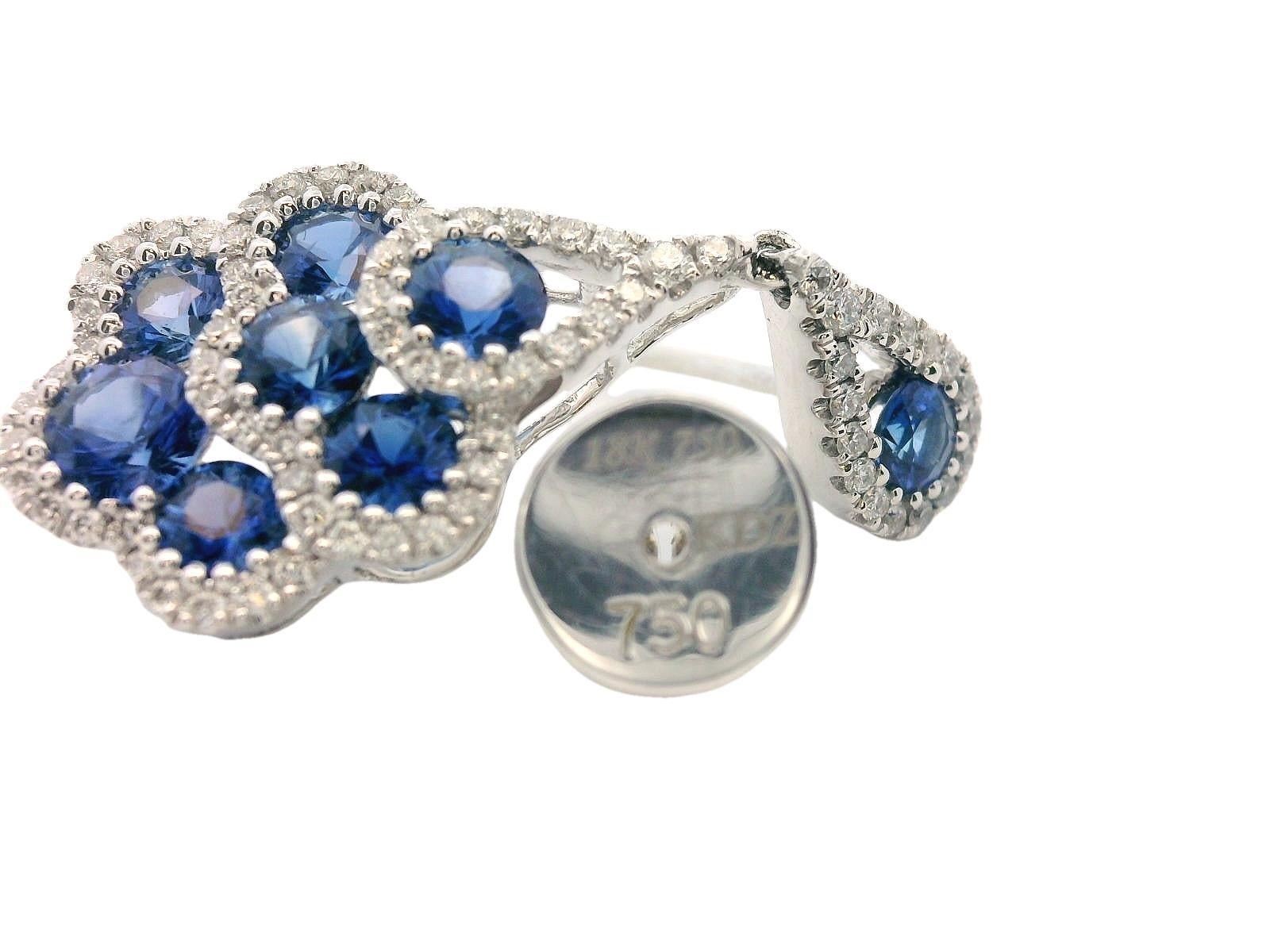 18 Karat White Gold Diamond and Royal Blue Sapphire Dangle Earrings For Sale 4