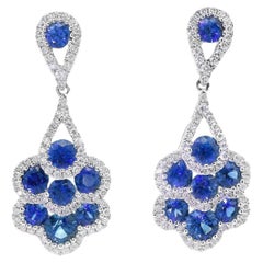 18 Karat White Gold Diamond and Royal Blue Sapphire Dangle Earrings