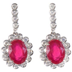 18 Karat White Gold Diamond and Ruby Glass Filled Dangle Earrings
