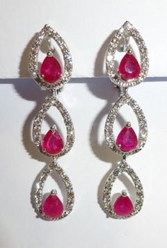 18 Karat White Gold Diamond and Ruby Glass Filled Dangle Earrings