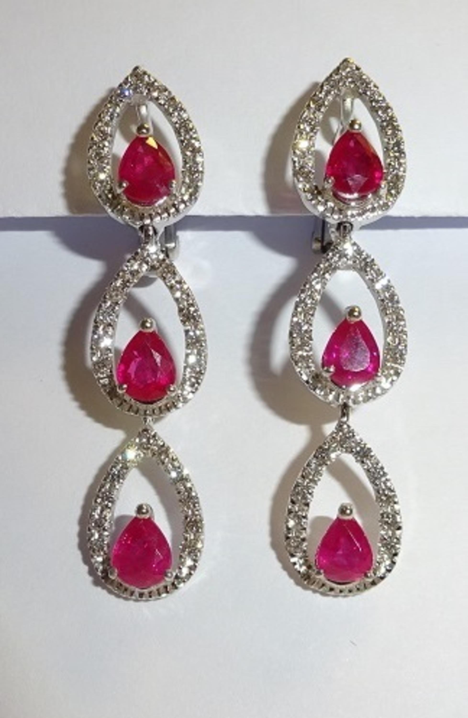 Pear Cut 18 Karat White Gold Diamond and Ruby Glass Filled Dangle Earrings For Sale