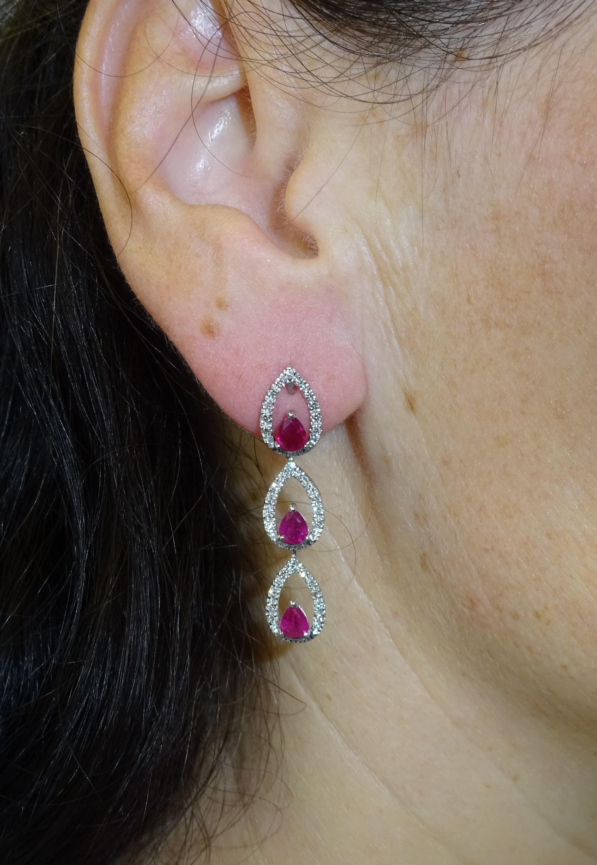 Women's or Men's 18 Karat White Gold Diamond and Ruby Glass Filled Dangle Earrings For Sale