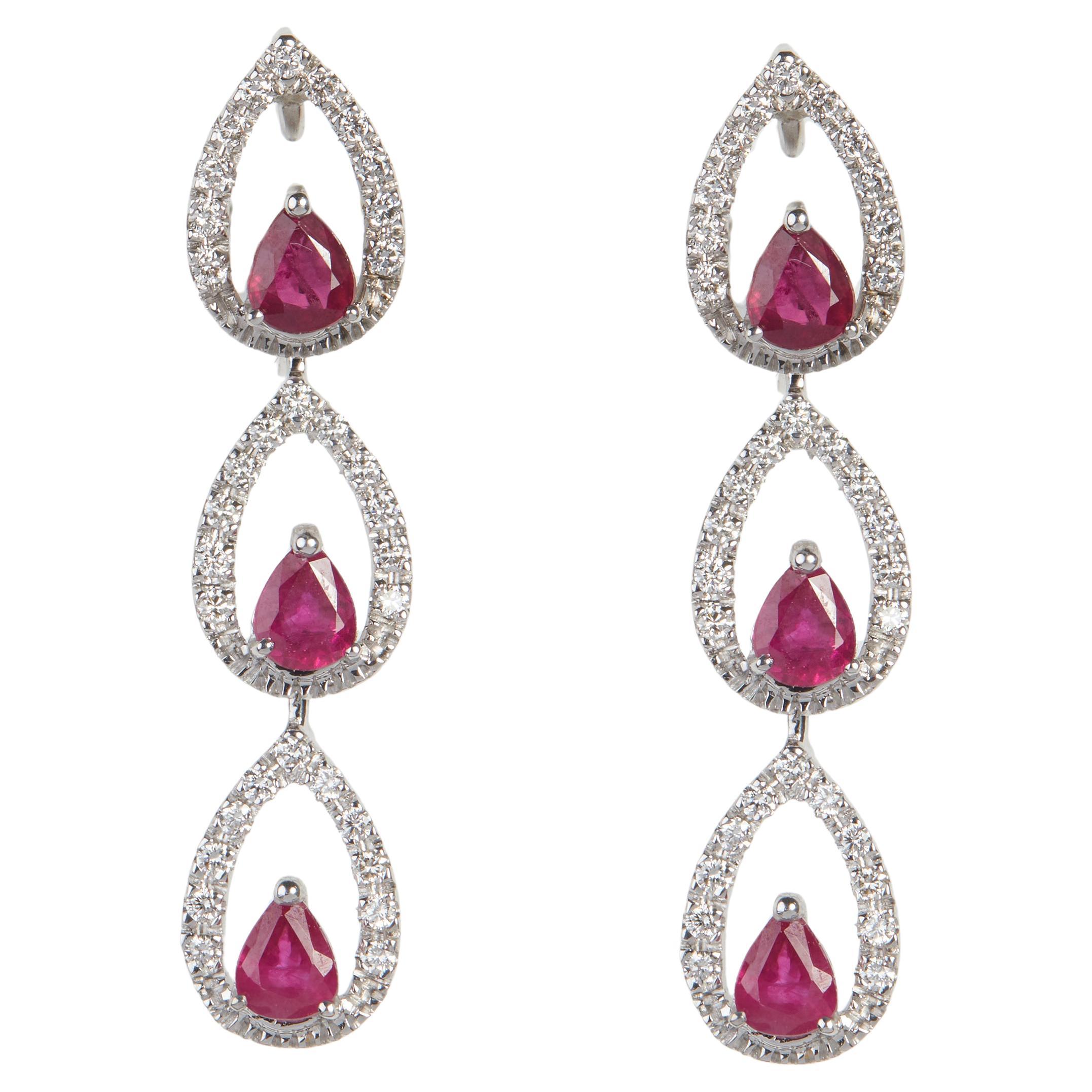 18 Karat White Gold Diamond and Ruby Glass Filled Dangle Earrings For Sale