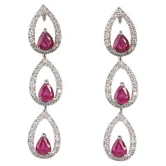 18 Karat White Gold Diamond and Ruby Glass Filled Dangle Earrings