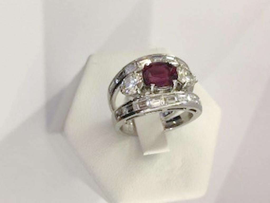 Brilliant Cut 18 Karat White Gold Diamond and Ruby Ring For Sale