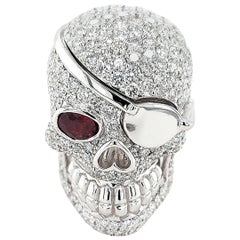 18 Karat white Gold Diamond and Ruby Skull Ring with Eye Patch of Pirate