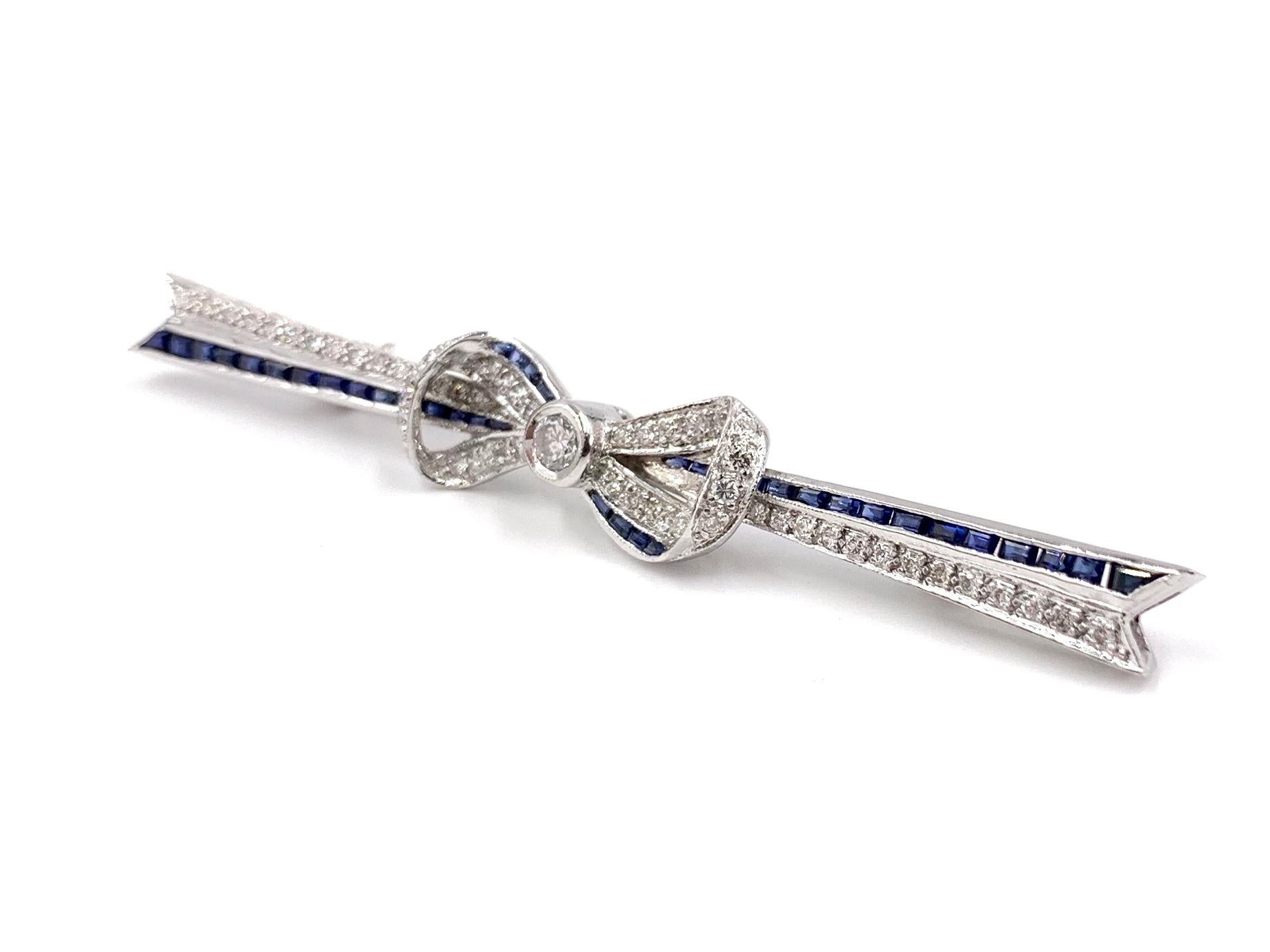 Art Deco 18 Karat White Gold Diamond and Sapphire Bow Brooch