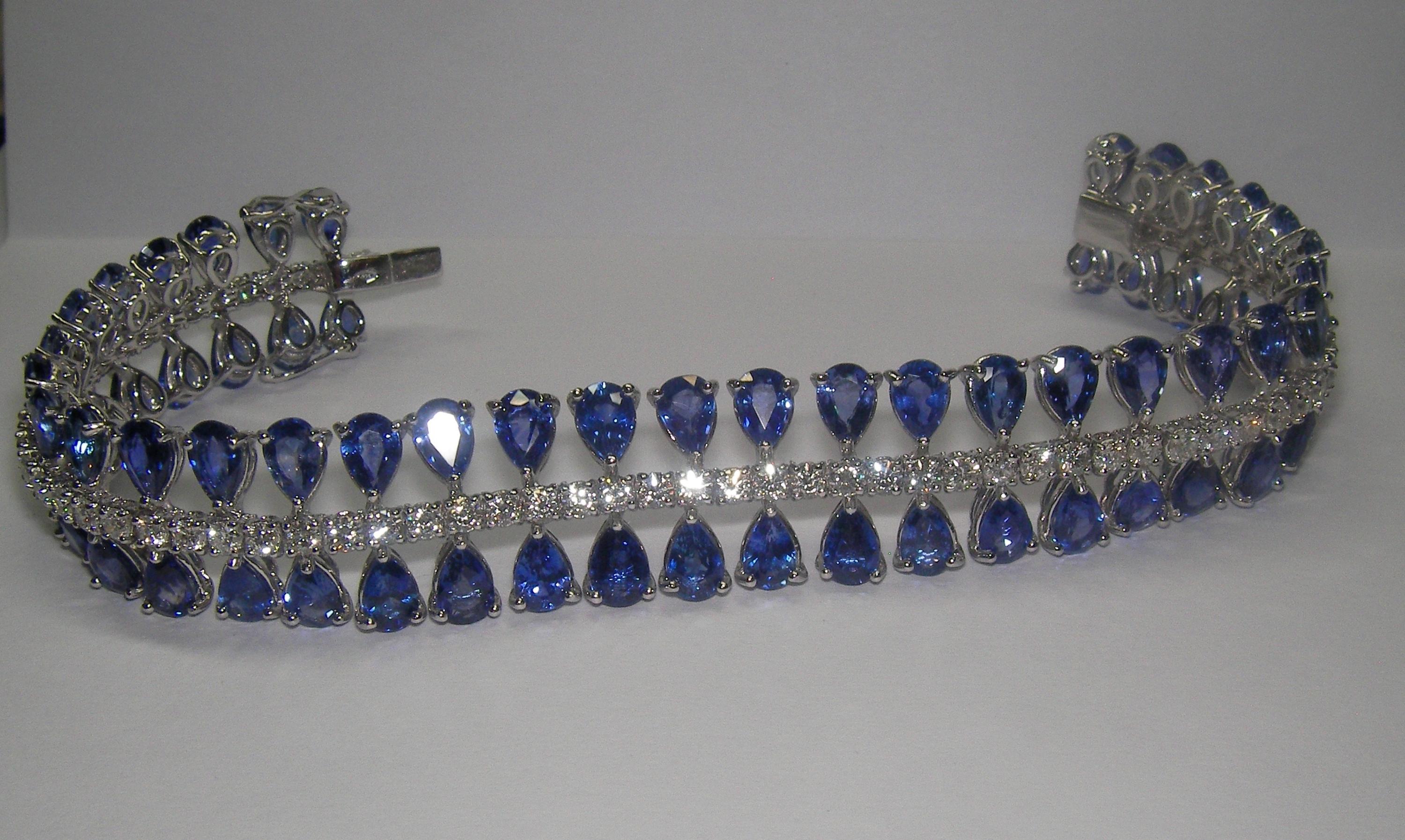 Pear Cut 18 Karat White Gold Diamond and Sapphire Bracelet