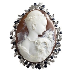 18 Karat White Gold Diamond and Sapphire Cameo Brooch/Pendant