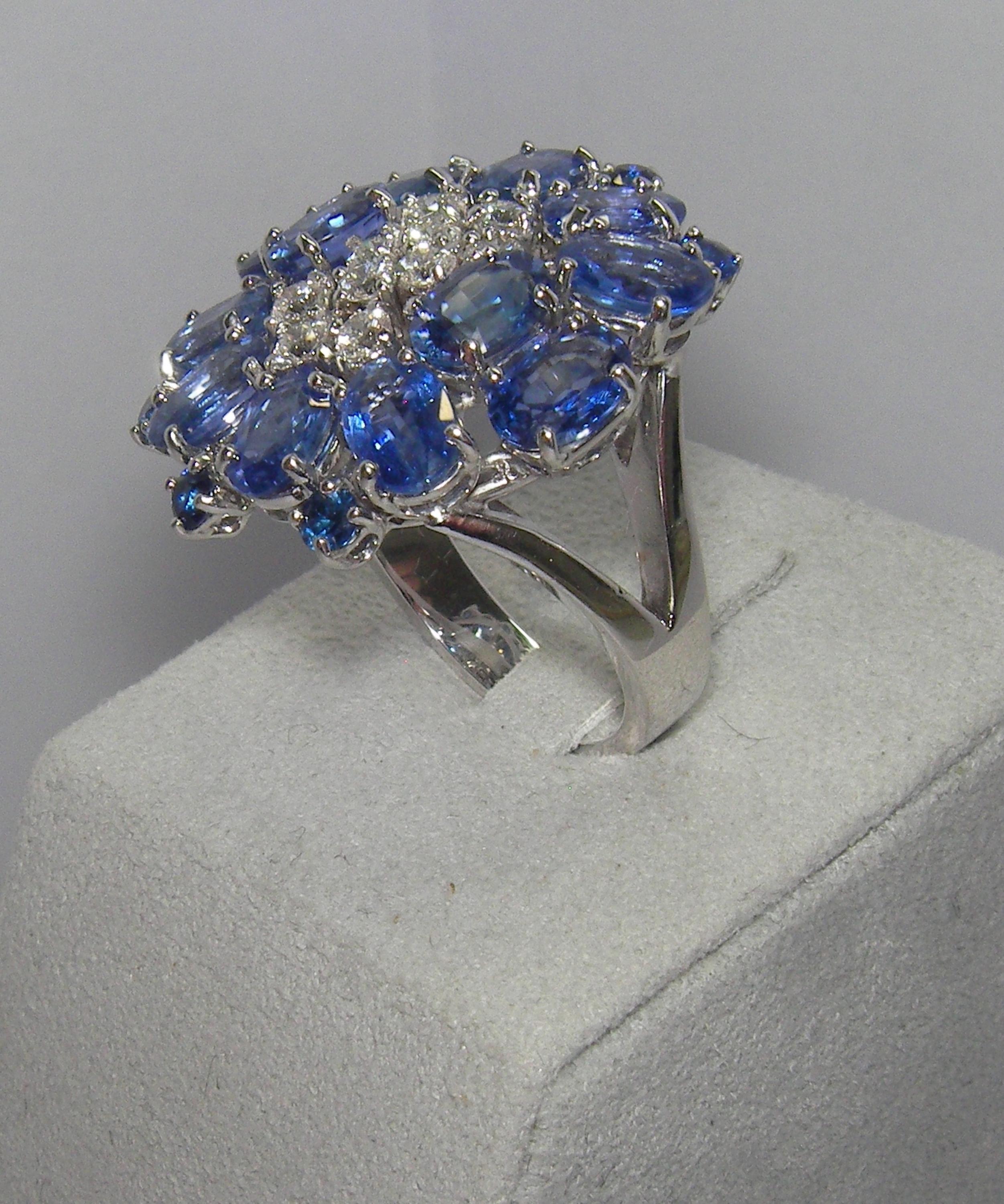 Mixed Cut 18 Karat White Gold Diamond and Sapphire Cocktail Ring For Sale