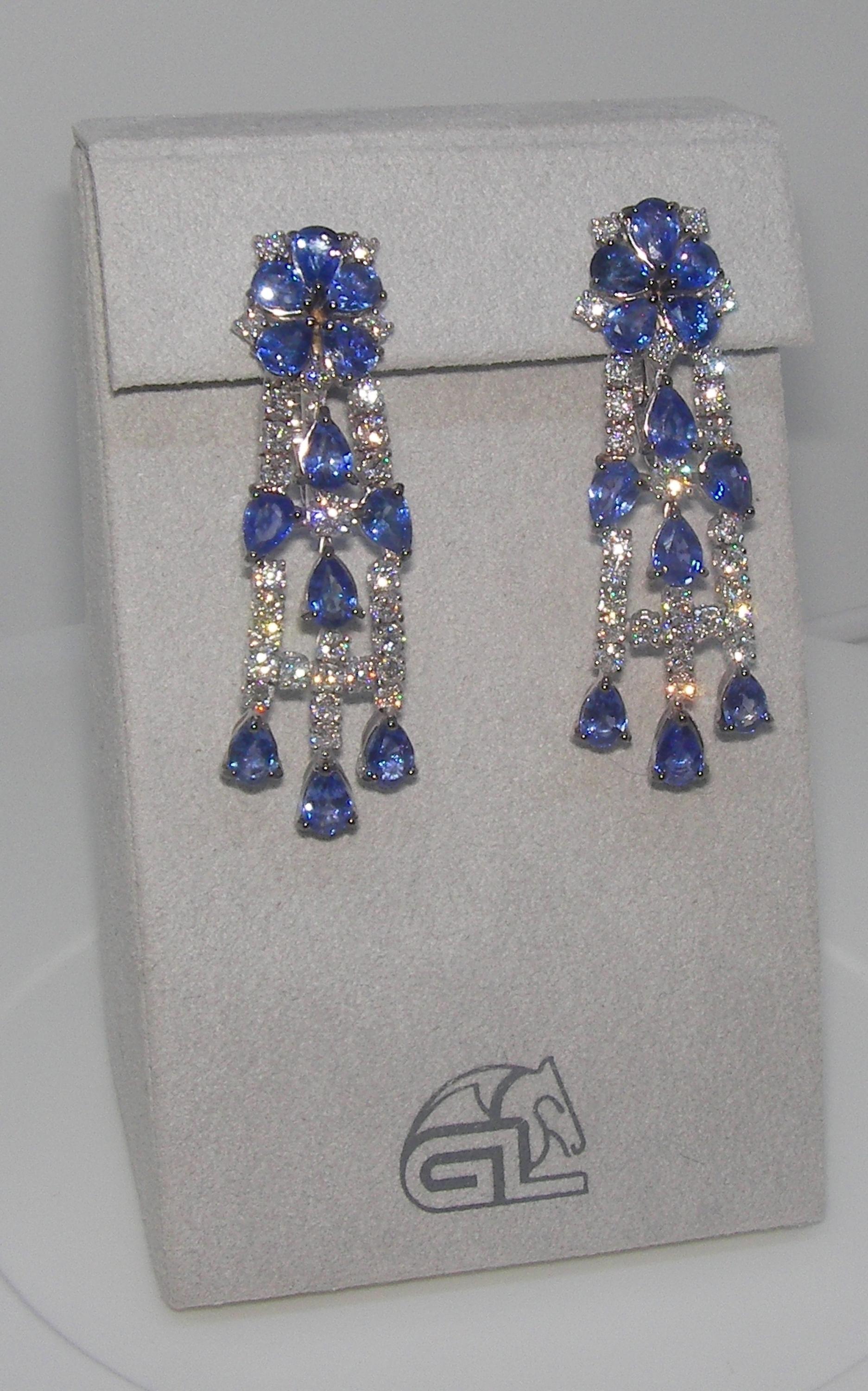 Pear Cut 18 Karat White Gold Diamond and Sapphire Dangle Earrings